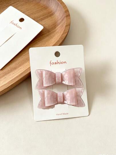 2pcs Women's Gentle Pink Marble Pattern Bow Acetate Hair Clips, Fresh Side Clips, Elegant Bangs Alligator Hair Clips, Versatile Hair Accessories For Students And Commuting