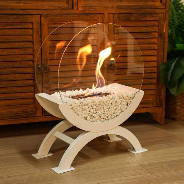 Cheminée de table ronde noire de grande taille (48 cm de haut), portable, avec brûleur propre, bioéthanol et verre ventilé, idéale pour les fêtes et événements en intérieur et extérieur (terrasse, patio).