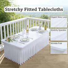 Elegant 6ft White Spandex Tablecloth With Ruffled Hem, Elastic Fit Rectangular Folding Table Cover, Washable Wrinkle-Resistant, Suitable For Events, Receptions And Holiday Decor - A - View 4