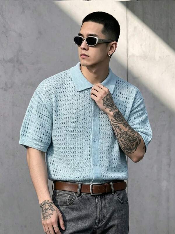 BLACKTOEXIT Herren neutrales Strick-Poloshirt, Street Casual Business Commute vielseitig, Umlegekragen, Mesh, locker, Kurzarm, einfarbig, Cardigan-Strickoberteil