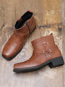 Men's Western Ankle Boots With Buckle And Side Zipper, Vintage Chunky Heel Chelsea Boots For Outdoor, Commute And Style - Brown - View 3