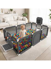Corral de Juego Modular con Aro de Basquetbol, Espacio Amplio para Pelotas, Cerco de Actividades para Niños, Uso Interior y Exterior - Gris Oscuro - Ver 7