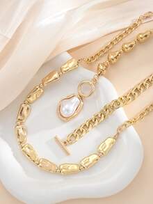 2 pièces Ensemble de colliers empilés multi-couches style minimaliste exagéré Old Money avec pendentif en fausses perles asymétriques et fermoir OT doré pour femmes, convient pour les vacances, les rendez-vous, les fêtes, les bals, les banquets, les fêtes, les cadeaux d'anniversaire, le port quotidien - Or jaune - Voir 4