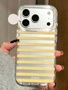 1pc Minimalist Yellow Green Striped Silvery Back Phone Case Compatible With IPhone 17 Pro Max 17 Pro 17 16 Pro Max 16 Pro 16 15 Pro Max 15 Pro Max 15 Pro 15 14 Pro Max 14 Pro 14 13 Pro 15 13 17 Shockproof Transparent Frame Bumper Protective Cover Sweet Striped Design Anti-Drop Phone Shell - Yellow Stripes - View 4