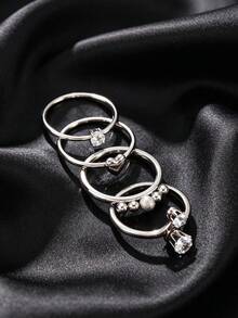 4pcs Fashion Stainless Steel Silver Ring Set, Heart & Round Bead Double Zirconia Inlaid Thin Band Stacking Rings, Minimalist INS Style, Unisex Jewelry Gift For Valentine's Day & Birthday - Silver - View 4