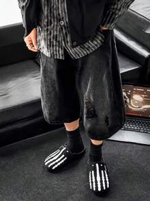 Halloween Skeleton Claw Pattern Men's Sandals, Closed Toe Mule Shoes With Adjustable Buckle, Suede Backless Design, Slip-On Casual Flat Slippers - Black - View 4