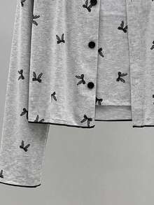 Spring/Autumn Girls Pink Princess Style Lace Collar + Heart Print Long Sleeve Long Pants Pajama 2-Piece Set, Soft Fabric, Loungewear - Light Grey - View 7