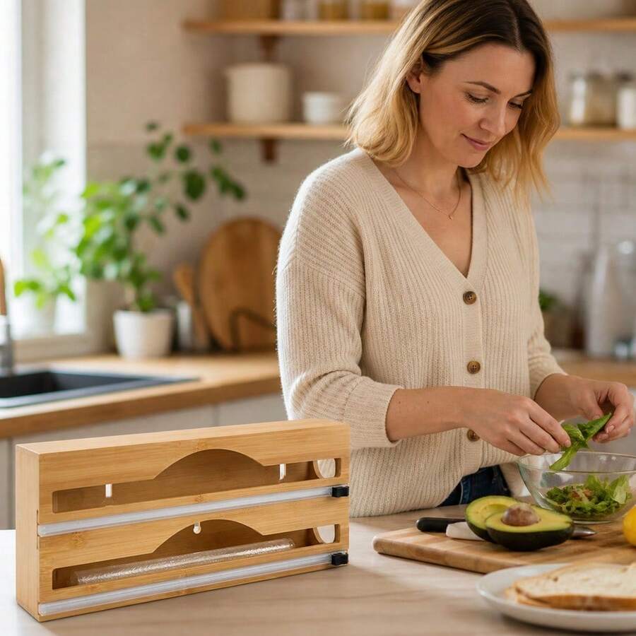 33.5x15.5x8cm Wood Bamboo Double-Layer Food Wrap Dispenser, Kitchen Storage Organizer Rack Holder Cutter - Redwood - View 1