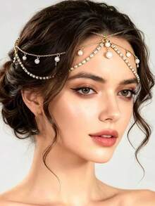 1pc Bohemian Style Rhinestone & Faux Pearl Hair Chain, Handmade Metal Chain Headpiece, Fairy Style Daily Wear Hair Accessory, Suitable For Dating, Bridal And Holiday Party - Silver - View 2