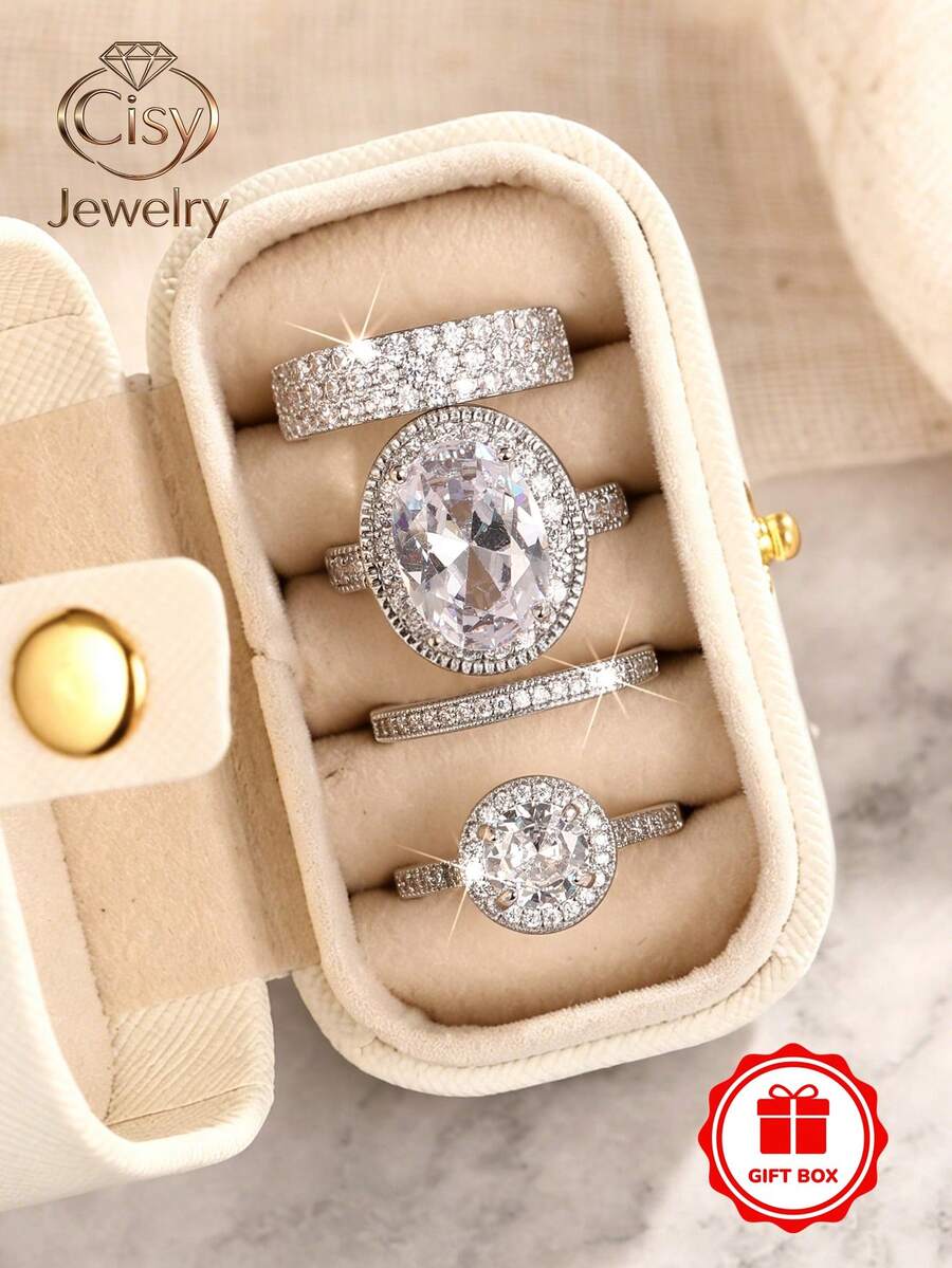 1 Set Of 4 Cubic Zirconia Rings With Gift Box, Elegant Wedding Anniversary Gift For Women - 1# - View 1