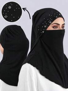 1PC Women's Fashion Solid Color Rhinestone Face Cover Headscarf, Chin Wrap Under Cap, Muslim Hijab, Inner Jersey Hijab, Suitable For Daily Prayer And Going Out - Multi-color Rhinestones - View 15