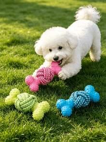 1pc Dog Toy, Textured Rubber Bone Toy, Braided Rope Knot Chewing Toy, Durable Dog Chew Toy, Pet Dental Rope Knot Toy, Suitable For Indoor Play, Outdoor Lawn Interaction, Dog Tug-Of-War, Dog Chewing, Small To Medium Dog Toy, Outdoor Dog Walking Play Toy, Durable And Tear-Resistant, Washable And Odor-Resistant, Dog Ball, Dog Toy - Multicolor - View 2