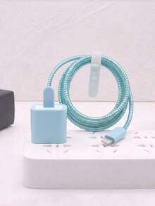 5 buah Casing Pelindung Charger & Penggulung Kabel TPU Biru Solid Matte Anti-Jatuh, Kompatibel dengan Charger Apple 18W/20W, Aksesori Digital Warna Solid Minimalis Premium - Biru Beku - View 3