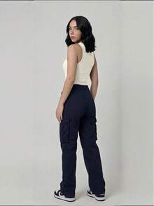 Pantalon Cargo Para Dama Acampanado  Casual    Las mezclas de algodón    Cargo  Cintura Ajustada  Botón delantero    Pantalones Cargo  Diario    Atemporal - azul real - Ver 2