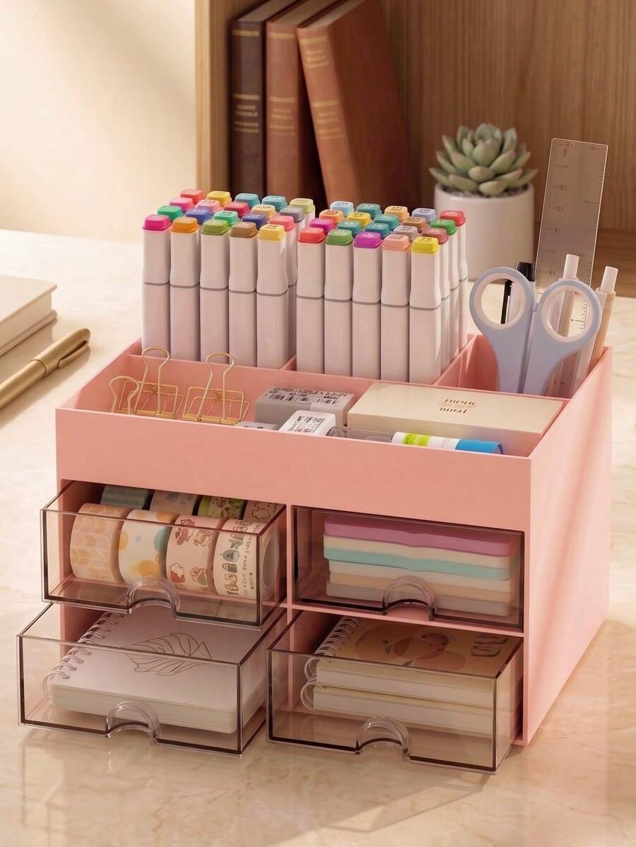 1pc Storage Box With Drawer, Desk Organizer For Pens, Stationery, Business Cards, Memo Pads, Paper Clips, Cosmetics And School Supplies, Back To School Gift
