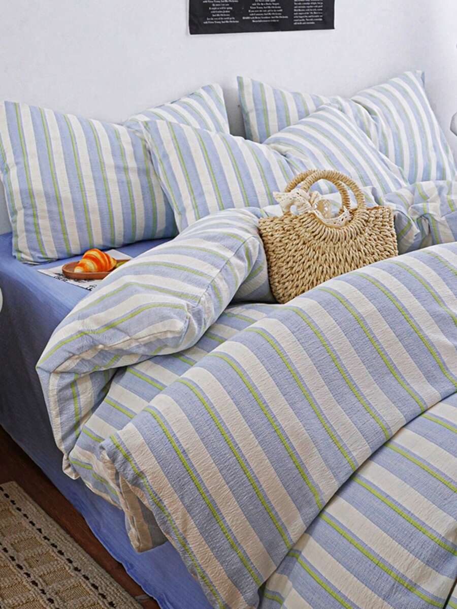 Fresh Blue & Green Vertical Striped 4-Piece Bedding Set, Puff Texture Synthetic Material, Japanese Style, Includes 1 Duvet Cover, 1 Bed Sheet, 2 Pillowcases, Duvet Insert And Pillow Insert Not Included