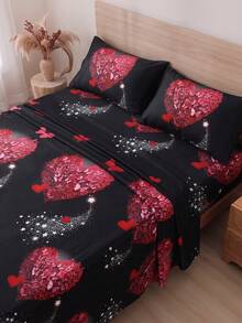 4-Piece Black Rose Heart Pattern Bedding Set, Easy Care Soft Bedding, Floral Fitted Sheet Set (1 Flat Sheet + 1 Fitted Sheet + 2 Pillowcases), Deep Pocket Fits Up To 11.8 Inches, Soft And Breathable, Suitable For Back To School Dorm Bedding - Black - View 7