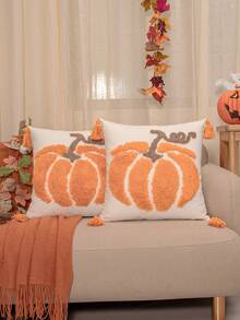 1pc Halloween Orange Pumpkin Pattern Square Pillow Case, Flocked & Tufted Craft With Four-Corner Tassel Decor, Country Pastoral Style, Suitable For Autumn Living Room, Bedroom, Sofa, Window Sill, Casual Gathering, Etc., Without Filling, 45*45cm - Multicolor - View 11