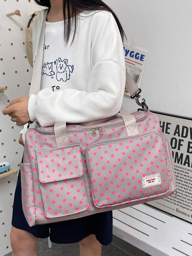Large Capacity Polka Dot Print Style Travel Bag, Multi-Pocket Fitness Bag, Foldable Lightweight Handbag, Crossbody Bag, School Bag, Luggage Bag - Grey - View 4