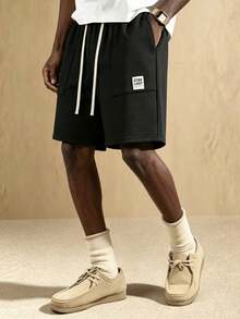 Men Waffle Knit Casual Shorts Comfort Fabric Elastic Drawstring Waist Patch Label Side Pockets Loose Fit Summer Streetwear Athletic Workout Black - Black - View 3
