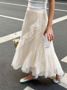 Elegant Skirt With Layered Ruffle Trim, Long Layered Design, Casual Versatile Autumn Women's Long Skirt - Champagne - View 9