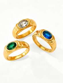 1pc Minimalist Gold-Tone Synthetic Cubic Zirconia Ring, Oval Cut, Wide Band, Stackable, Suitable For Women's Daily Wear, Without Packaging Box - A - View 8