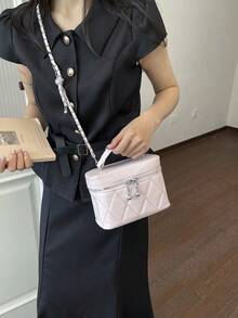 1件黑色休閒百搭小方型手提包，時尚刺繡格紋布料，適合收納手機、口紅、硬幣，購物小包、錢包，適合年輕女性、大學生、職場新人、白領族，適用於辦公室、大學、工作、商務、通勤、戶外活動、旅行與外出 - 粉色 - 查看 3
