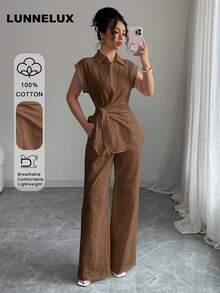 LUNNELUX 女款秋季兩件套－綁腰無袖打結襯衫與休閒寬腿長褲，棕色優雅上班與開學穿搭 - 棕色 - 查看 2