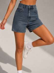 High-Waisted, Light Blue, Full-Fit Denim Shorts: The Savior Of Your Summer Outfits. - Medium Wash - View 2
