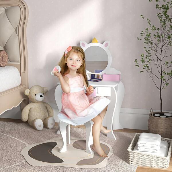 QABA Kids Vanity Set With Mirror And Stool, Makeup Vanity Table For Children 3-6 Years Old, With Drawer Storage Boxes, Unicorn-Design
