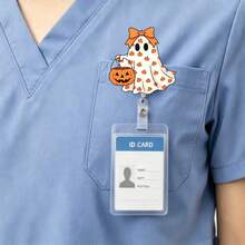 2D Flat Halloween Pumpkin Ghost ID Badge Holder - Retractable Badge Clip, Suitable For Medical Students And Registered Nurses - PMMA Material Workplace Identification Badge Holder | Fun Design | Acrylic Nurse Accessories Back To School, Team Gifts - Halloween - View 5
