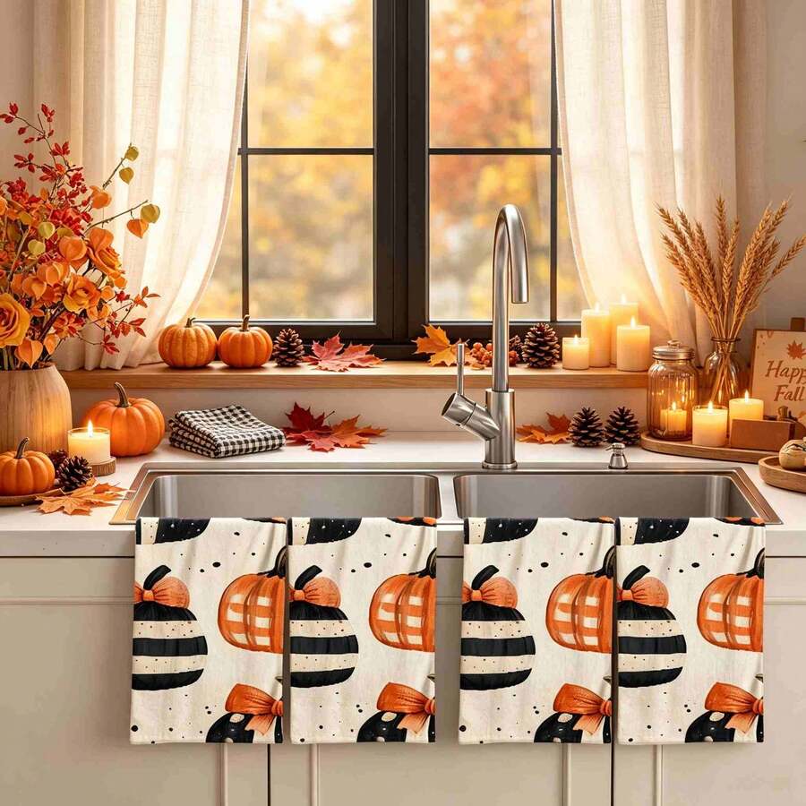 2/4/48pcs Autumn Series Striped Bow Pumpkin Pattern Printed Kitchen Towels - Super Soft, Highly Absorbent Polyester Dishcloths And Hand Towels, Perfect For Holiday Decor, Kitchen Decor, Party Decor