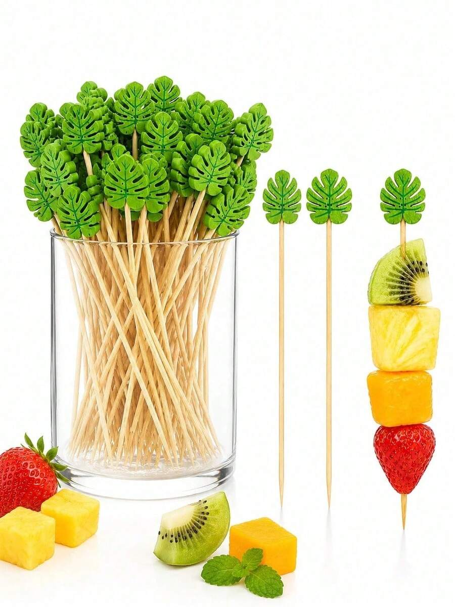 100/50/10pcs Monster Leaf Cocktail Picks, Elegant Toothpicks, Suitable For Appetizers, 4.7 Inch Long Bamboo Fruit Skewers, Decorative Beverage Food Picks, Perfect For Summer Tropical Hawaiian Birthday Party - Multicolor - View 1