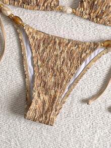 HaiiMeid Women's Textured Halter Backless Beaded Bikini Set, Side Tie Swim Bottoms, Suitable For Beach Vacation - Multicolor - View 8
