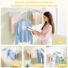 GALASALA Tendedero Retractil Pared, 5 Niveles Ampliable 80cm, Plegable 30kg Tendedero Plegable para Ropa, Admite secado plano y perchas, fácil de guardar, ideal para interior y exterior - Blanco - Ver 5