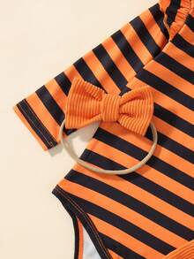 Infant Girl Long Sleeve Flutter Sleeve Striped Bodysuit Ribbed Pumpkin Embroidery Overalls Headband 3pcs Set Cute Halloween Baby Outfit Spring Autumn Holiday Outing Daily Wear - Multicolor - View 4