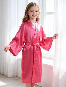 Young Girl Solid Color Waist Tie Casual Daily Home Sleepwear - Multicolor - View 6