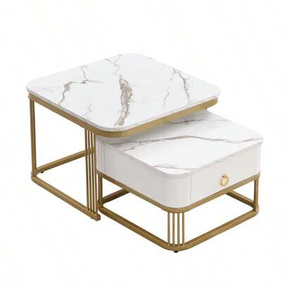Nestable Coffee Table: High Gloss Marble Exterior, Gold Accents, Side Table With Drawer. Set Of Two