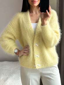 Women's Soft Fabric Long Sleeve Button-Up Cardigan Knit Sweater, Regular Length Loose Fit Winter Warm Top - Yellow - View 2