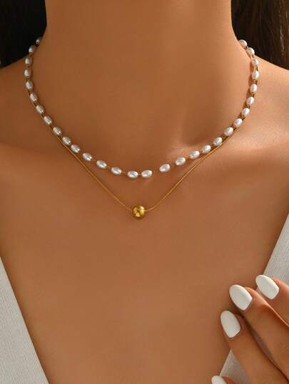 VceTd2PCS Classic Elegant Beaded Stainless Steel Necklace Set For Women, Suitable For Daily Wear, Party, Vacation Or Holiday Gift