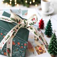 1.5cm Beige Winter Berry Christmas Satin Ribbon, 5 Yards/Roll Green Leaf & Red Berry Gold Foil Print, Suitable For Holiday Gift Box Packaging, Ribbon DIY Handmade Bows, Christmas Tree Decoration Webbing - Beige - View 4
