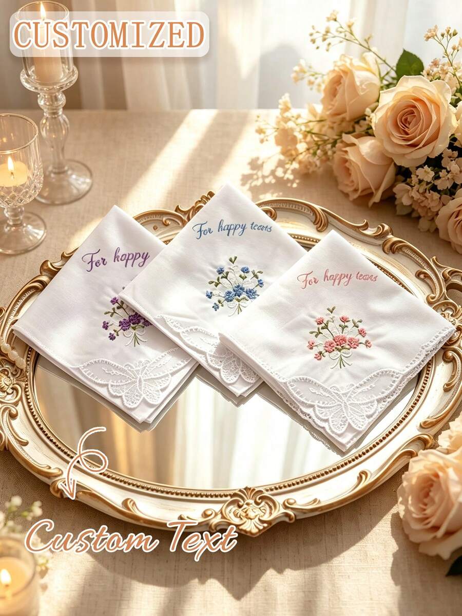 客製化刺繡婚禮手帕,適合幸福淚水時刻,可客製文字蕾絲手帕,伴娘禮物、婚禮伴手禮紀念品 - 彩色 - 查看 1
