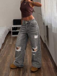 Women's Casual Washed Denim Jeans With Pockets And Ripped Details, Fashion Halloween Costume Jeans, Autumn/Winter - Light Grey - View 1