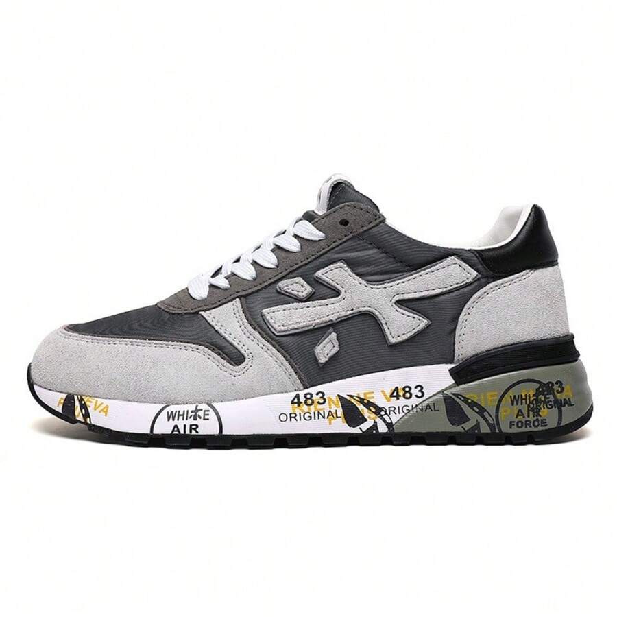 Men's Retro Color Block Suede Panel Sneakers Breathable Mesh Casual Running Shoes Non-Slip Printed Sole Fashion Walking Trainers - 邇富大米黑白灰 - 查看 1
