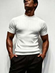 ZYNTH BALENO Men's Summer Fashion Mock Neck Vertical Striped Short Sleeve Sweater, Suitable For Gym And Outdoor Sports - White - View 5