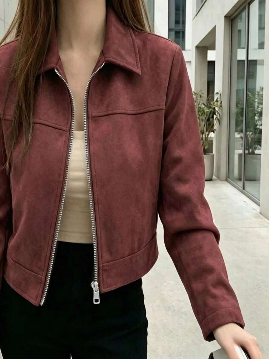 女款人造麂皮領純色拉鍊夾克,適合日常、學校、機場穿著,春秋長袖紅色秋季款 - 紅色 - 查看 1