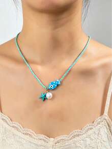 1pc Bestselling Summer Ocean Style Starfish Faux Pearl & Fish Pendant Colorful Dopamine Rope Necklace - Multicolor - View 1