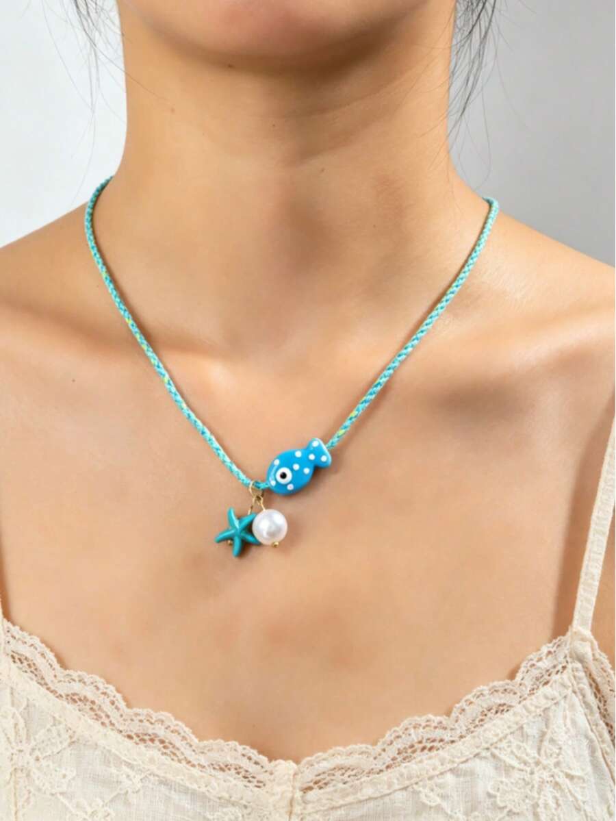 1pc Bestselling Summer Ocean Style Starfish Faux Pearl & Fish Pendant Colorful Dopamine Rope Necklace - Multicolor - View 1