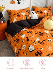 2/3pcs Halloween Print Duvet Cover Set, Button Closure Duvet Cover, Includes 1 Duvet Cover And 1/2 Pillowcases, No Duvet Insert, Suitable For Single/Double/Queen/King All Sizes, Applicable For Home And School Dorm Bedding, Machine Washable - Multicolor - View 7