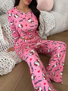 Noctvar OBM Sleepwear X Hello Kitty 2pcs Set Pakaian Rumah Anak Perempuan Motif Hello Kitty Pink, Atasan Lengan Panjang Pendek + Celana Panjang Lebar, Lembut, Ramah Kulit, Nyaman, dan Manis - Berwarna merah muda - View 2